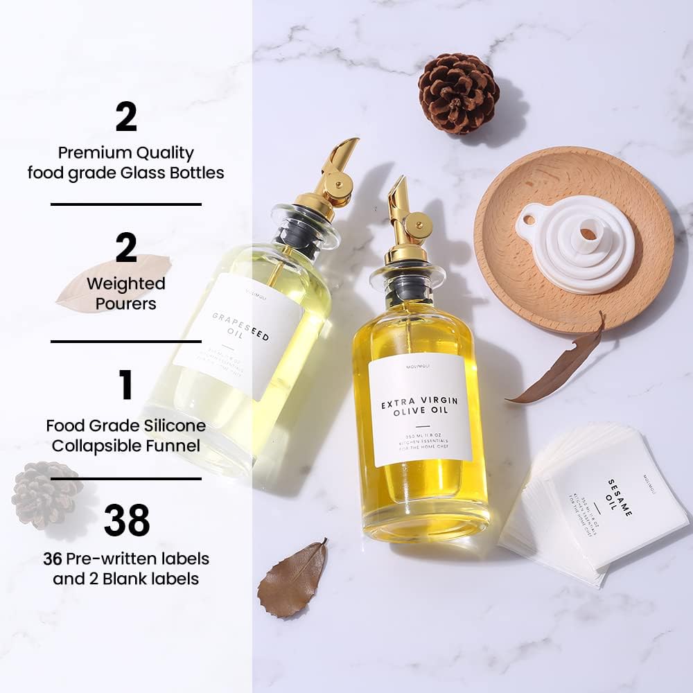 Molimoli - Premium Olive Oil Dispenser Bottles for Kitchen with Pourer - Oil and Vinegar Dispenser Set, Glass Dispenser for Kitchen, Dispenser Bottle of 350ml - Set of 2