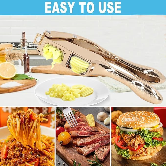 Garlic Press and Slicer 2 in 1, Rust Proof & Dishwasher Safe Professional Garlic Mincer Tool, Effortlessly Crush and Mince Garlic with this Ergonomic Handle-Garlic Peeler & Brush ANCQMI(Gold)