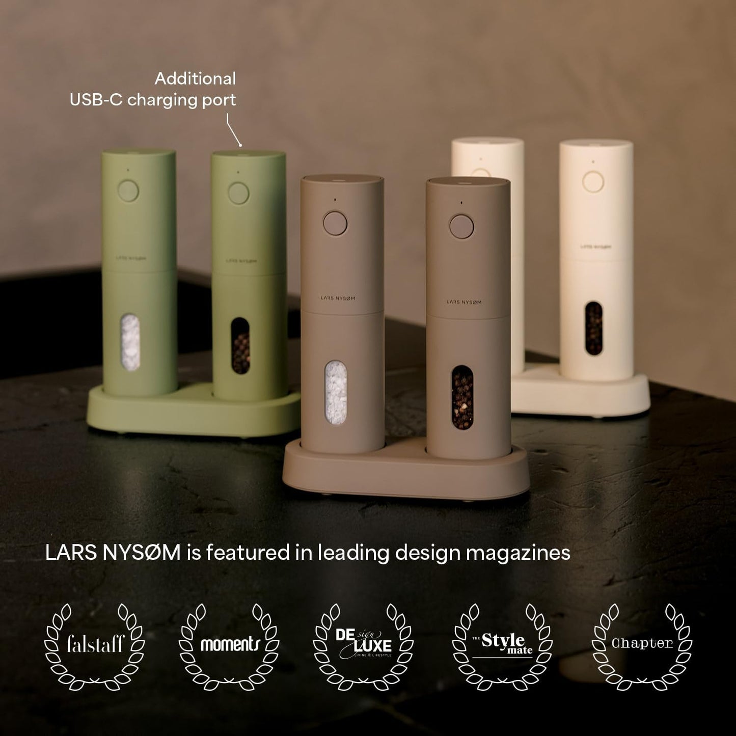 LARS NYSØM Electric Salt and Pepper Grinder Set, USB Rechargeable, Automatic Salt and Pepper Mills, Spice Shakers Refillable with LED Light, Adjustable Coarseness, Ceramic Grinder (Taupe Brown)