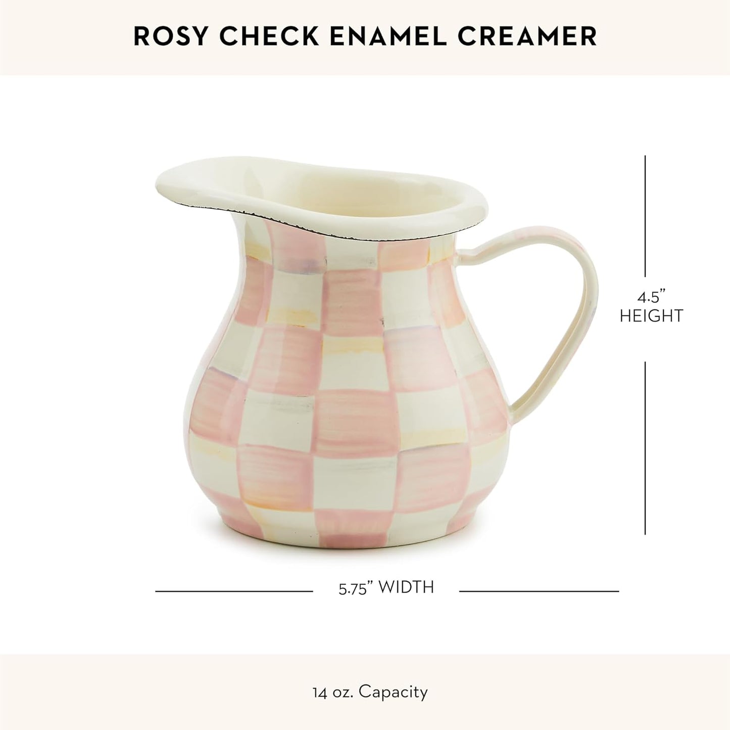 MACKENZIE-CHILDS Enamel Creamer, Creamer Dispenser with Pour Spout, Kitchen Enamelware, Pink-and-White Rosy Check