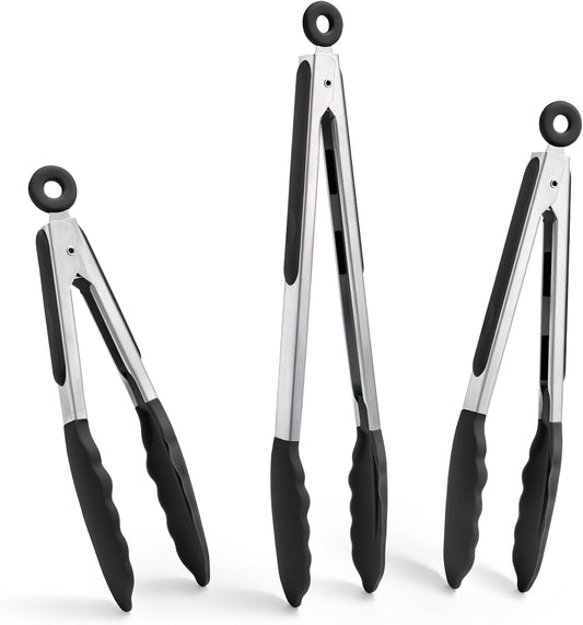 Doosu Kitchen Tongs for Cooking - 600°F Heat Resistant Food Tong Set with Non-Scratch Silicone Tips, Heavy Duty Stainless Steel Locking Tong for BBQ, Grilling Steak, Serving Salad (7+9+12in, Black)