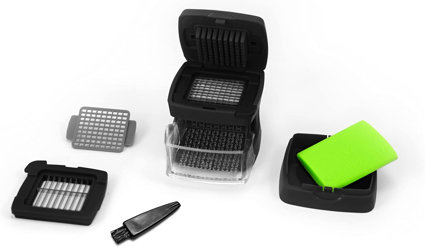 Garlic-A-Peel Garlic Press, Crusher, Cutter, Mincer, and Storage Container - Includes Silicone Garlic Peeler - Easy to Clean - Stainless Steel Blades – (Black), standard