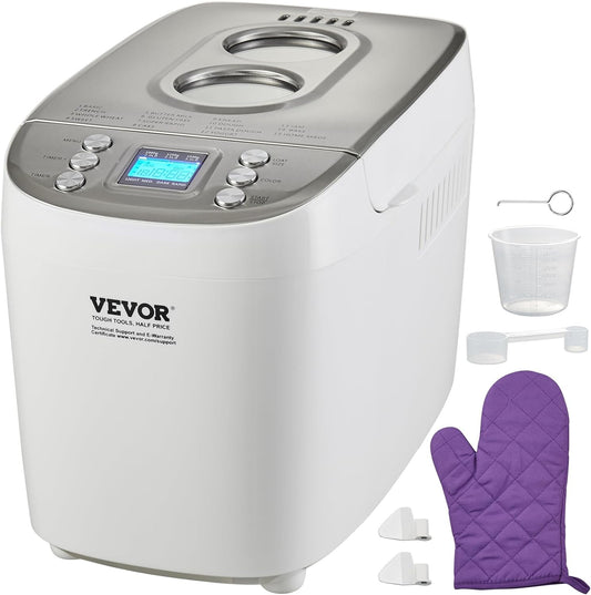 VEVOR Bread Maker, Dough Machine 15 Menus in 1, Non-Stick Ceramic Pan Automatic Breadmaker with Non-Gluten Setting, Whole Wheat Bread Making, Digital, Programmable, 3 Loaf Sizes, 3 Crust Colors, White