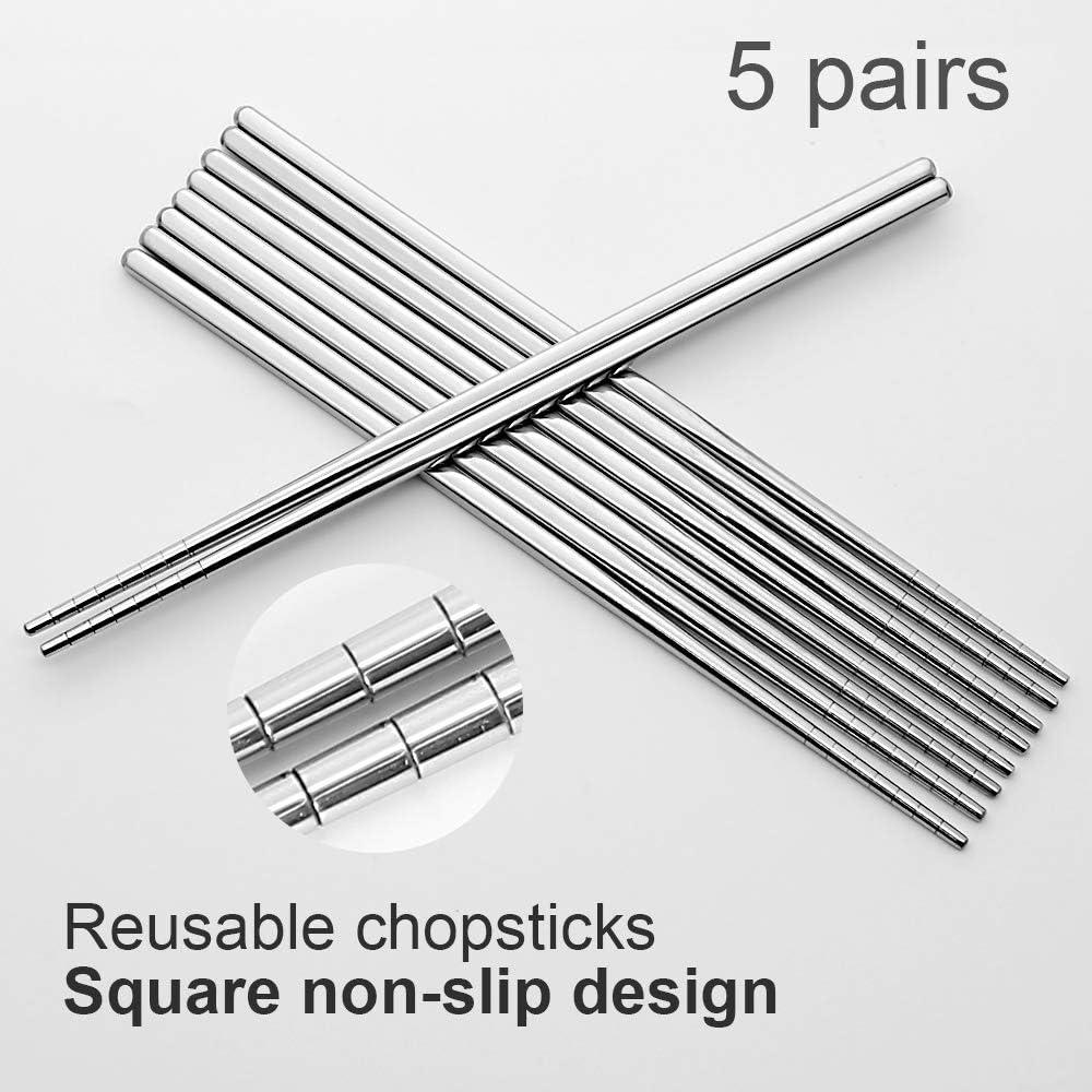 Stainless Steel Chopsticks 5 Pairs Reusable Multicolor Lightweight 304 Metal Chopsticks Square Lightweight Non-Slip Chop Sticks Dishwasher Safe Gift Set(Silver Hollow)