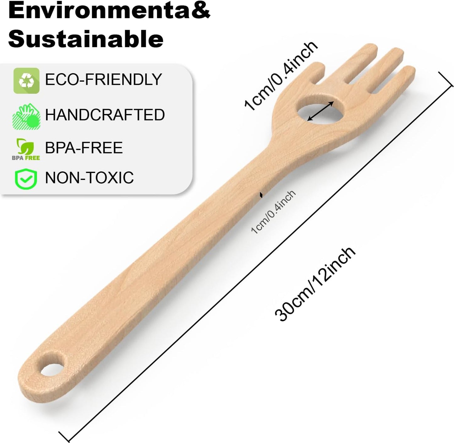 12'' Birch Pasta Forks, 2-Pack - Hand Shaped Spaghetti Server with Measuring Hole for Perfect One-Serving Portion, Natural Wood Cooking Utensils for Pasta Salad, Long Handle Noodle Spoon