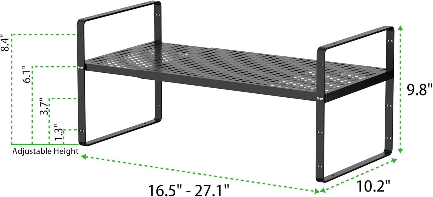Expandable Cabinet Storage Shelf Stackable Organizer Rack for Kitchen Bathroom Pantry Spice Cupboard Coffee Countertop Home Office Desk Heavy Duty Nonslip Black Large 1 PACK
