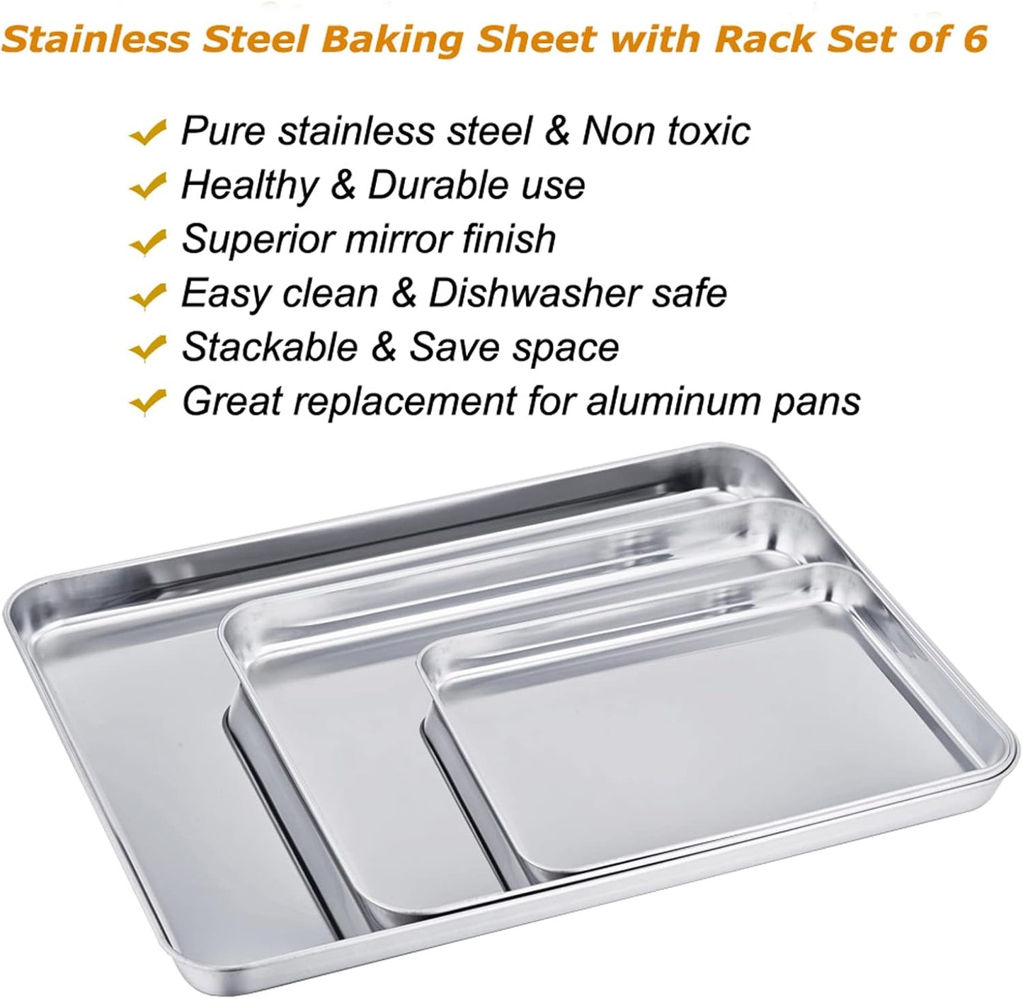 TeamFar Baking Sheet with Cooling Rack Set (3 Pans + 3 Racks), Stainless Steel Cookie Sheet Cooking/Baking, Healthy & Dishwasher Safe, Sturdy & Long Lasting