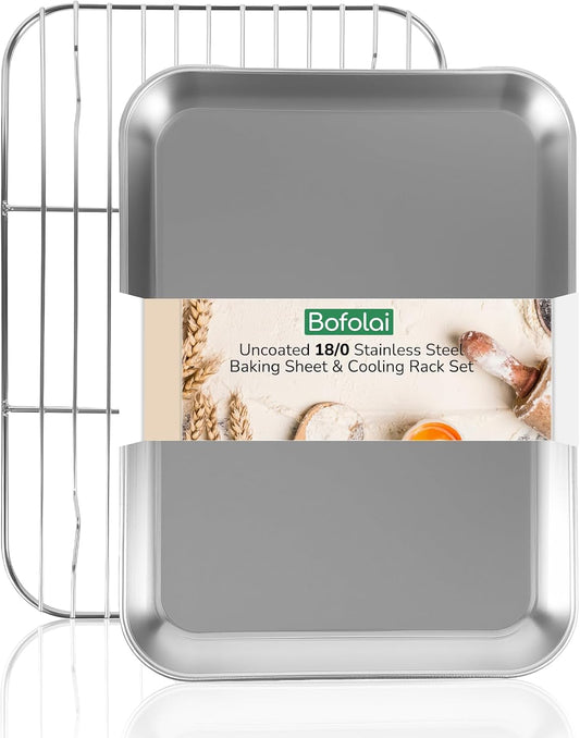 18/0 Stainless Steel Baking Sheet with Cooling Rack, 12.4 Inch Oven-Safe Non-Toxic Cookie Sheets for Baking, Coating Free & Rust Resistant for Healthy Family Baking, Easy to Clean, Heavy Duty