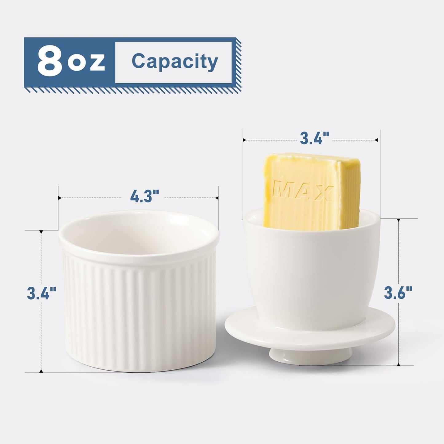 Large Butter Crock Bell for Counter with Water Line, Butter Keeper, Ceramic French Butter Dish Holder for Fresh Spreadable Soft Butter (White, 7.8 Ounce)