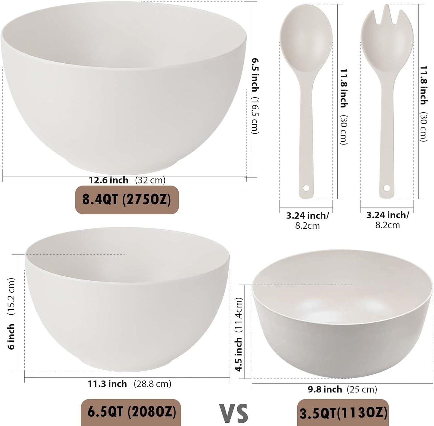 12.6" Extra Large Salad Serving Bowl Set with Wooden Lid&Utensils, 8.4Qt. Bamboo Fiber Salad Bowl with Servers for Kitchen, Lightweight Big Bowl White for Mixing Salad,Fruit,Pasta