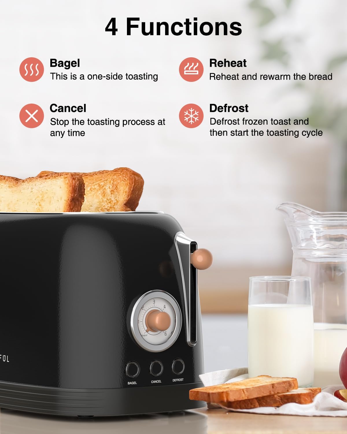 CROWNFUL 2-Slice Toaster, Extra Wide Slots Toaster, Retro Stainless Steel with Bagel, Cancel, Defrost, Reheat Function and 6-Shade Settings, Removal Crumb Tray, Black
