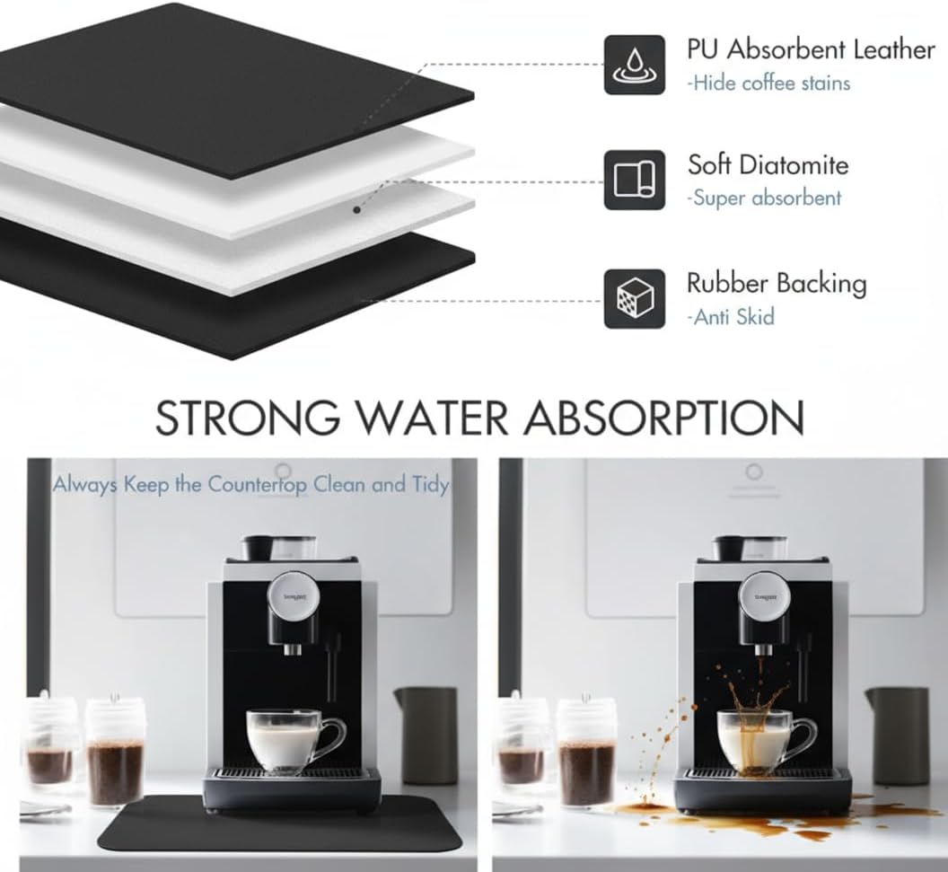 Dish Drying Mat Super Absorbent – 16" x 12" Coffee Mat for Countertops – Non-Slip Drying Mat for Kitchen Counter – Easy to Clean Water Absorbent Mat – Quick Dry Dish Drying Mats (Black)