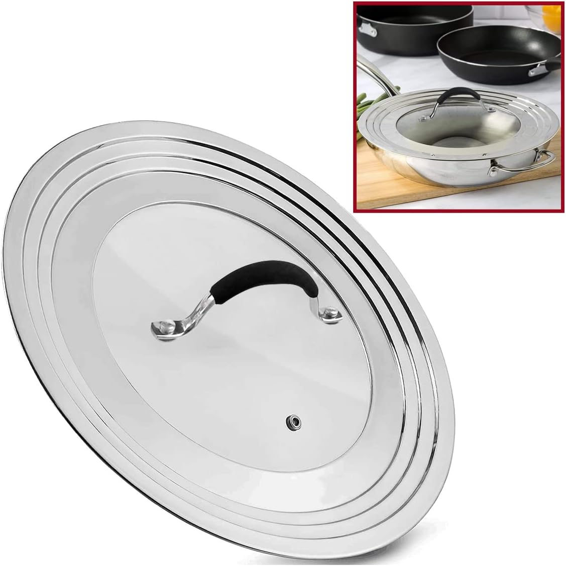 Stainless Steel Universal Lid for Pots, Pans and Skillets - Fits 7" to 12" Pot and Pans - Tempered Glass with Stainless Steel Rim Replacement Frying Pan Cover and Cast Iron Skillet Lid