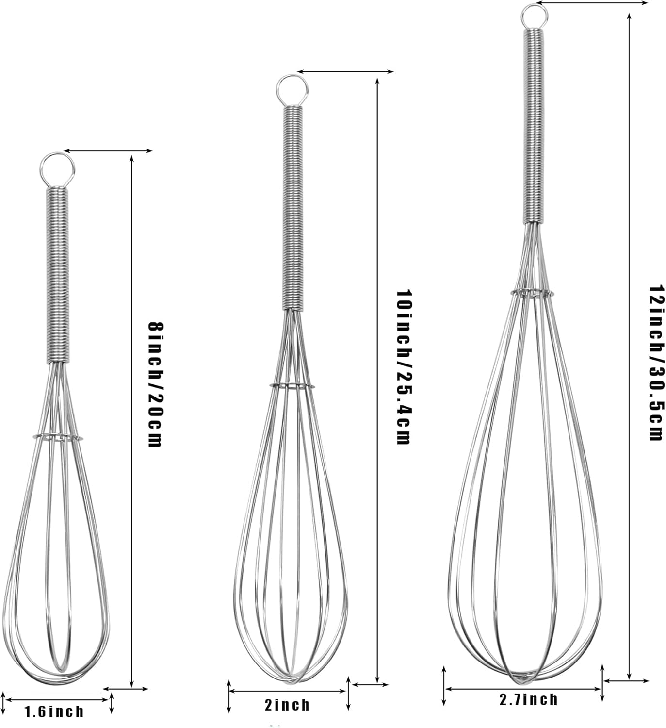Mini Whisk 3-Pack - 8, 10 & 12 Inch Heavy-Duty 304 Stainless Steel Wire Whisks for Cooking, Baking, Eggs, Sauces & Creams (Ergonomic Spiral Handle, Silver, Dishwasher Safe)