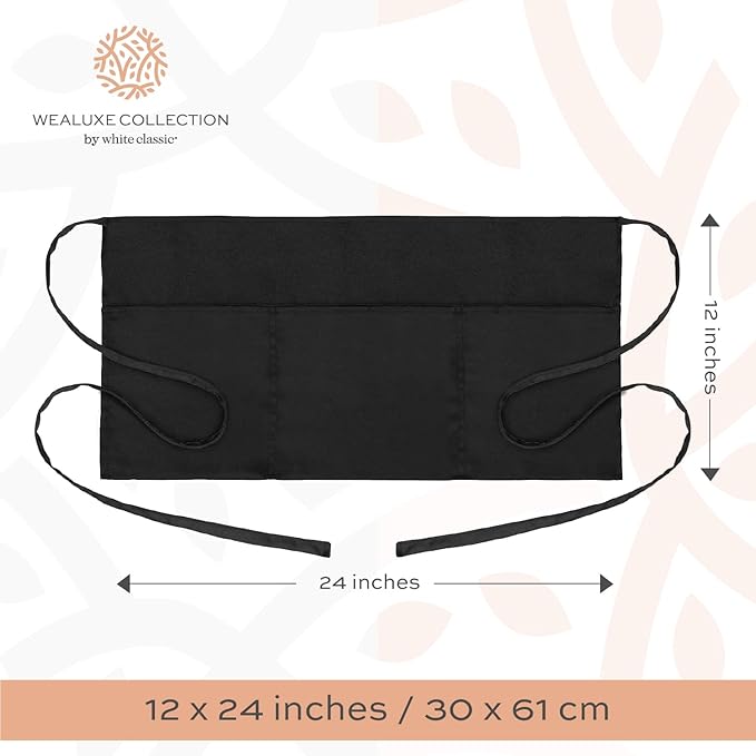 12 Pack - Black Server Waist Aprons with 3 Pockets, Waitress Half Apron