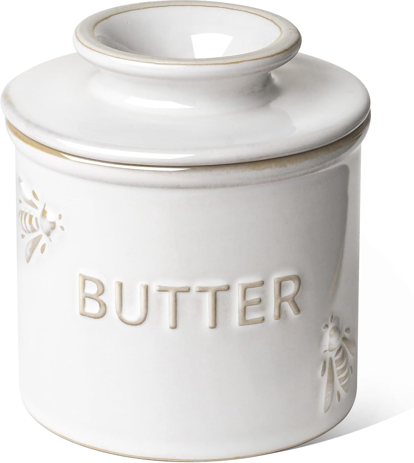 LE TAUCI Butter Crock, Butter Dish with Lid, Butter Container for Counter with Water Line, Embossed French Butter Keeper for Spreadable Butter, Suit For Housewarming - Set of 1, Arctic White, Bee