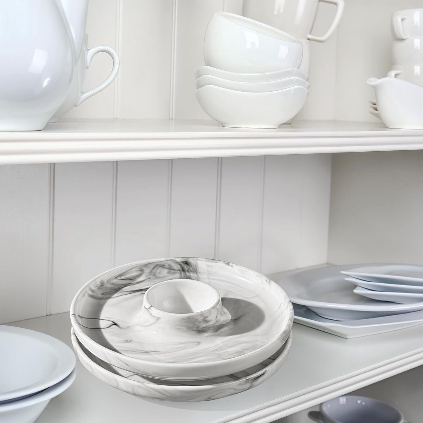 Cinf EggHolder & Spoon Set 2 Ceramic Egg Holders + 2 SS Spoons Breakfast Plate Marble 5.5'' Food Container Egg Tray Dinner Serving for Hard Boiled Eggs, Easter & Deserts Dish