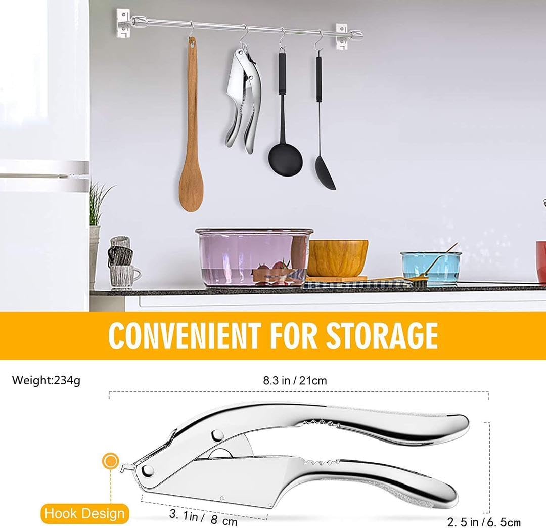 Premium Stainless Steel Garlic and Ginger Press, Walnut Crusher Set,3 in 1 Professional Grade Mincer, Crusher with Brush & Peeler - Easy-Clean, Dishwasher Safe & Soft Handle for Fine Garlic Crushing