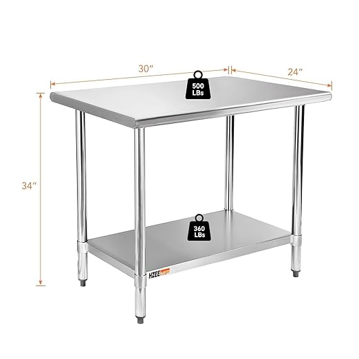 Stainless Steel Table for Prep & Work 24 x 30 inches, Heavy Duty Metal Table with Adjustable Undershelf for Commercial Kitchen, Restaurant, Home, Hotel, Laundry Room,Garage, Workshops