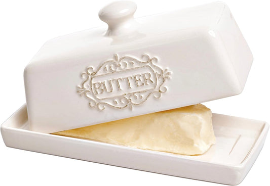Covered Butter Dish with Lid - Elegant Engraved Butter Holder with Lid - Ceramic Butter Stick Holder Tray Holds Any Size Stick - Decorative Butter Keeper Container for Countertop & Fridge - 7.7" x 4"