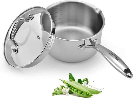 Stainless Steel Saucepan with Tempered Glass Lid, 2.5 Quart Multipurpose Cooking Pot, Sauce Pot for Easy Pour with Ergonomic Handle