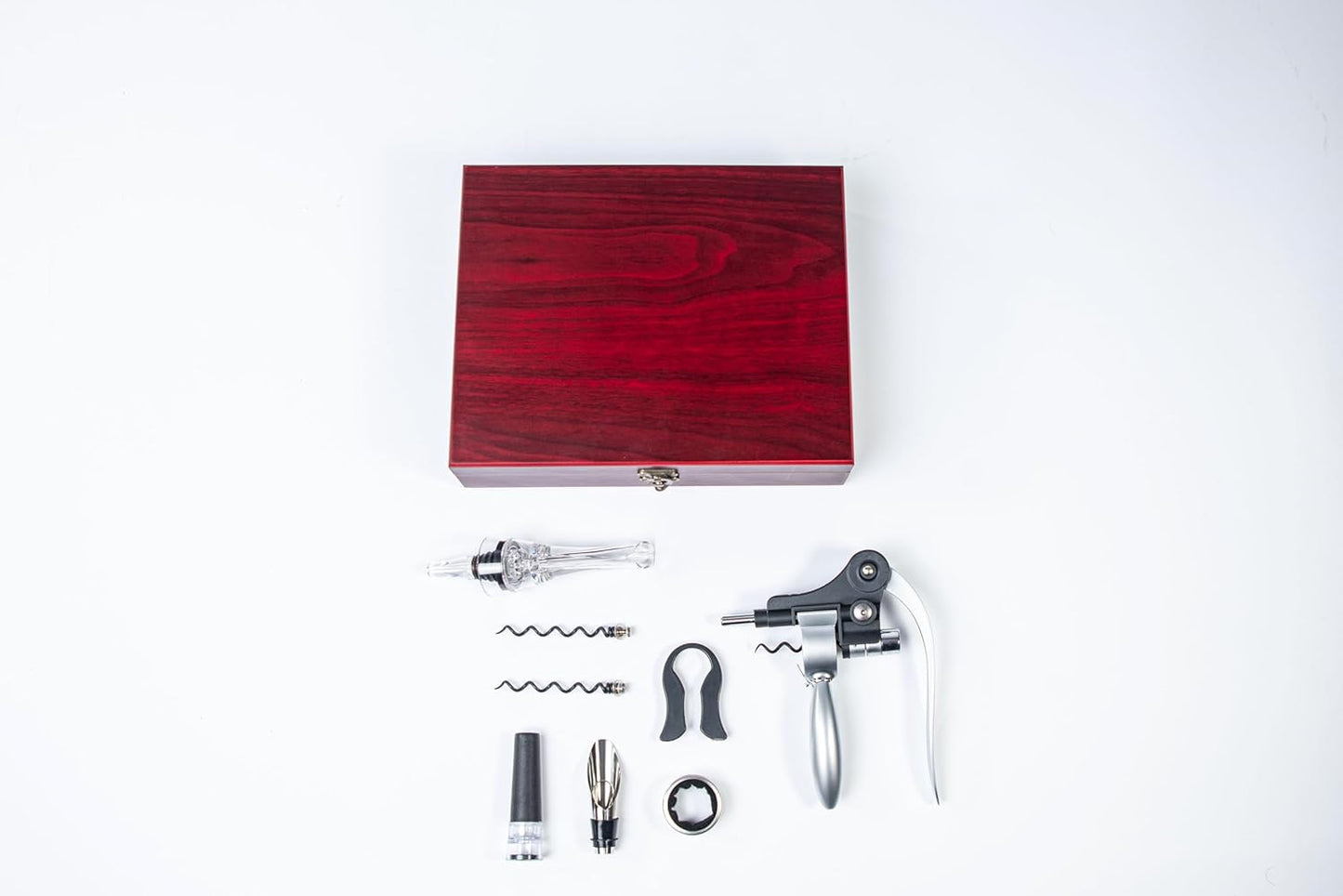 Wine Bottle Opener Set with Accessories Polished Silver in Wood Box, Aerator, Extra Screws, Foil Cutter, Pourer, Vaccu Stopper, Winged Wine Opener, Rabbit Red Wine Corkscrew Set (Polished Silver)
