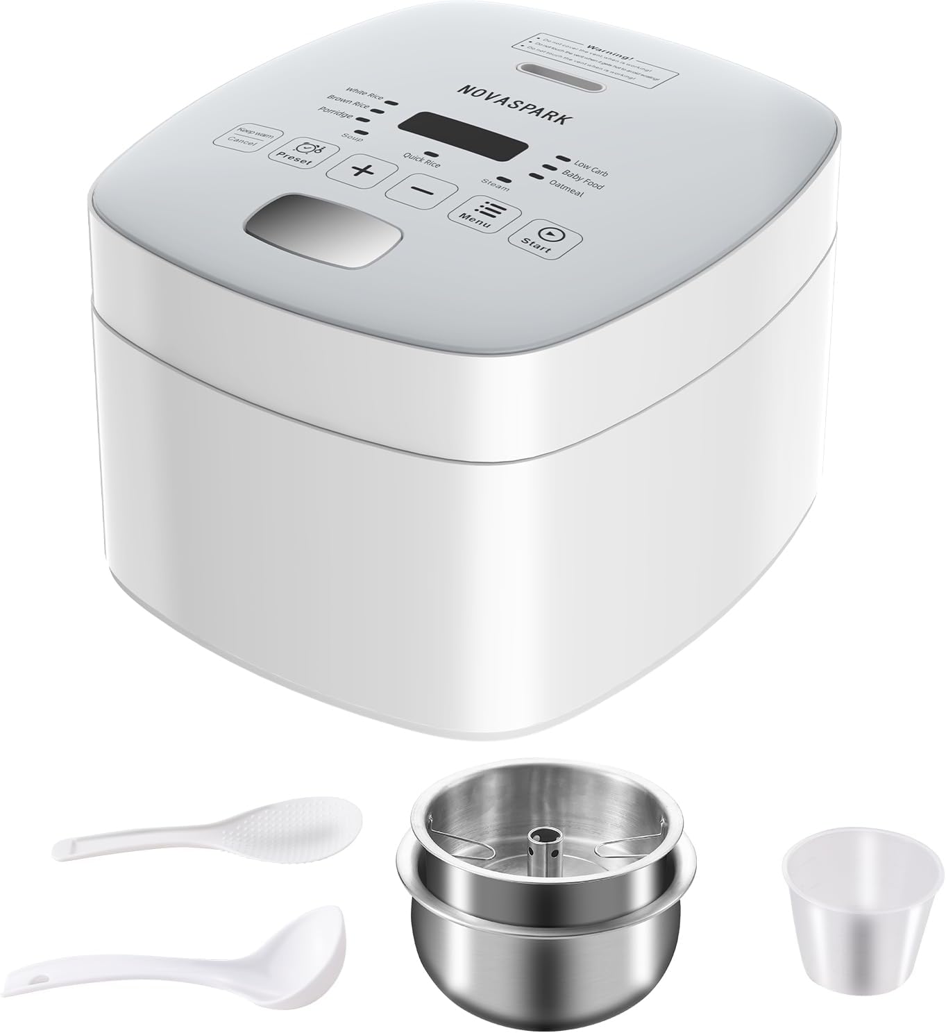 Novaspark Low Carb Rice Cooker Stainless Steel Inner Pot, Mini Stainless Steel Rice Cooker Small 5 Cup, LED Display Low Sugar Rice Maker, 24H Timer and Auto Keep Warm, White Rice/Porridge/Oatmeal, White