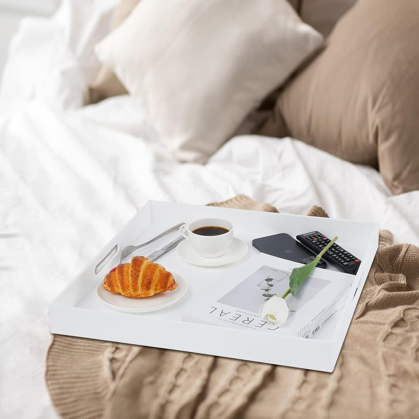 20×20 Inches Oversize Extra Large Sturdy Glossy White Acrylic Serving Tray King Size Decorative Big Ottoman Trays with Cut Out Handles Water Proof Bed Tray Coffee Counter Top Organizer