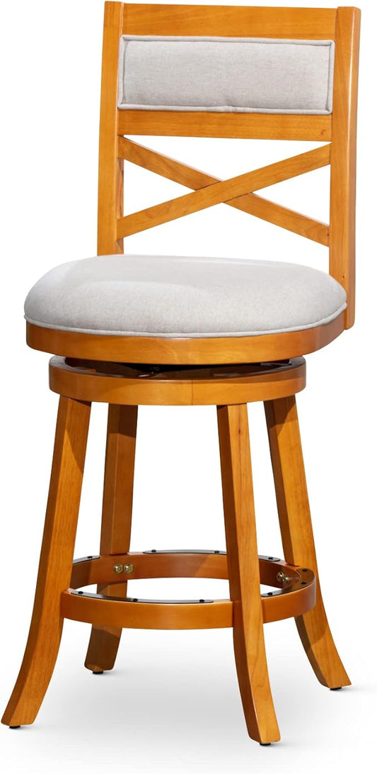 DTY Indoor Living Meeker X Back Fabric Swivel Stool, 30” Bar Height, Natural Finish, Beige Fabric Seat