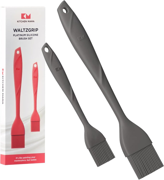 Kitchen Mama WaltzGrip Platinum Silicone Basting Pastry Brush: Set of 2 Heat-Resistant Brushes for Cooking, Baking, Grilling, and Spreading Oil or Butter - Dishwasher-Safe (Metal Gray)