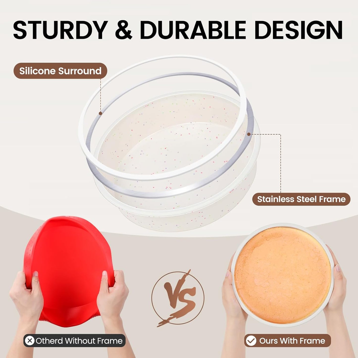 Vinino 8 Inch Silicone Round Cake Pan with Metal Reinforced Frame Set of 3, Nonstick Silicone Springform Pan for Baking Suitable for Making Layers, Cheese & Chocolate Cakes