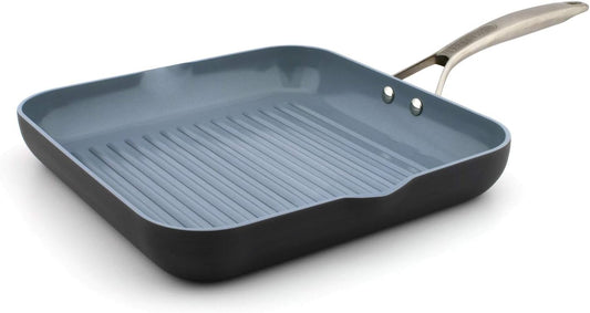 GreenPan Paris Pro Hard Anodized Healthy Ceramic Nonstick, 11" Square Grill Pan, PFAS-Free, Dishwasher Safe, Grey