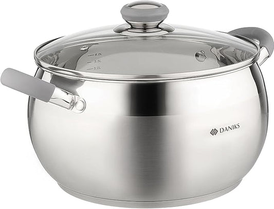 Daniks Modern Stainless Steel Stock Pot with Glass Lid – Induction 7 Quart, Dishwasher Safe, Heatproof Handles, For Soup, Pasta, Stew, Silver