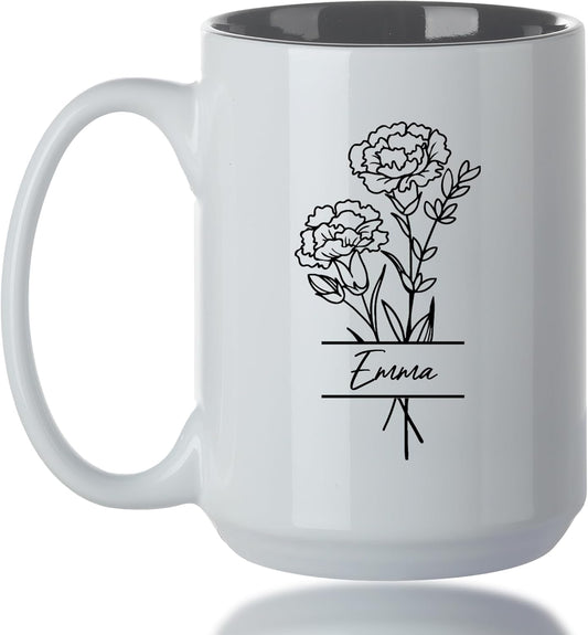 Personalized Coffee Mug, Engraved Ceramic Birth Flower Mug for Women With Custom Name, Personalized Gifts for Mothers Day, Birthday, Christmas, Grandma, Mom, Wife
