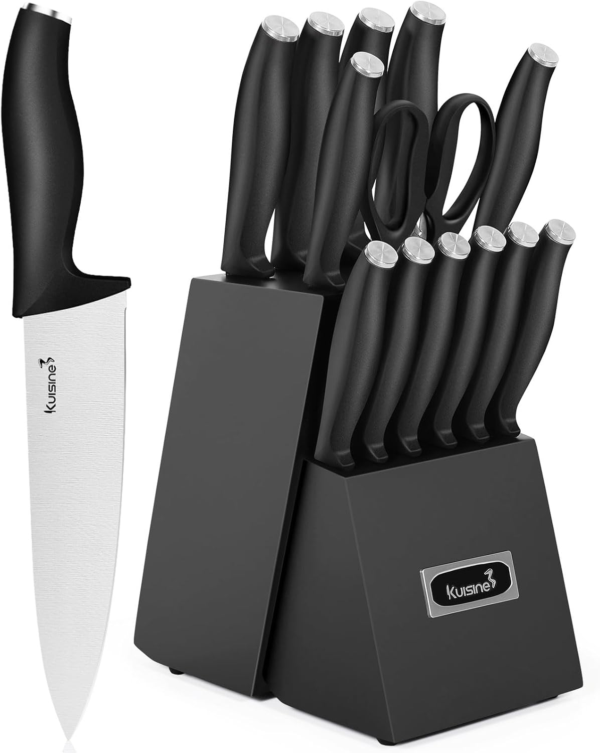 Kuisine Kitchen Chef Knife Block Set,High Carbon Stainless Steel Sharp Knife Set with Built-in Sharpener,Elegant Gift(Black,15pcs)