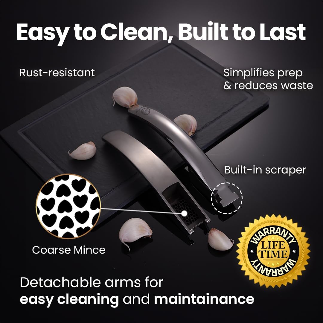 No Peeling Required Garlic Press Stainless Steel Detachable Handle for Coarse Mince, Premium Garlic Mince Tool, Rust-Proof, Easy to Clean, Dishwasher Safe, Garlic Crusher Lifetime Replacement