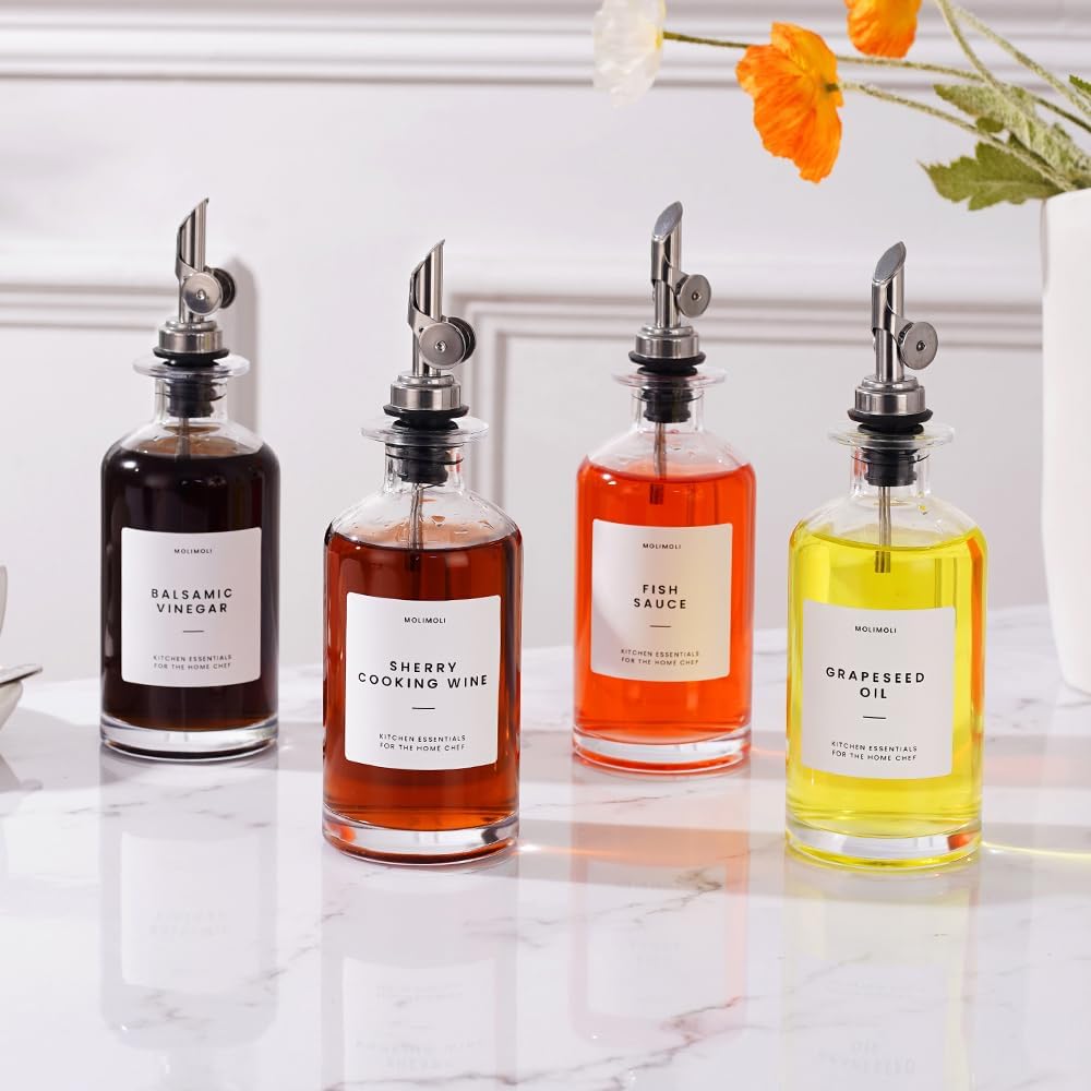 Molimoli Olive Oil Dispenser Bottle for Kitchen, Oil Dispenser w. Weighted Pourer, Glass Bottle Dispenser for Kitchen, Olive Oil Cruet, Glass Olive Oil Bottle | 350ml, Set of 4