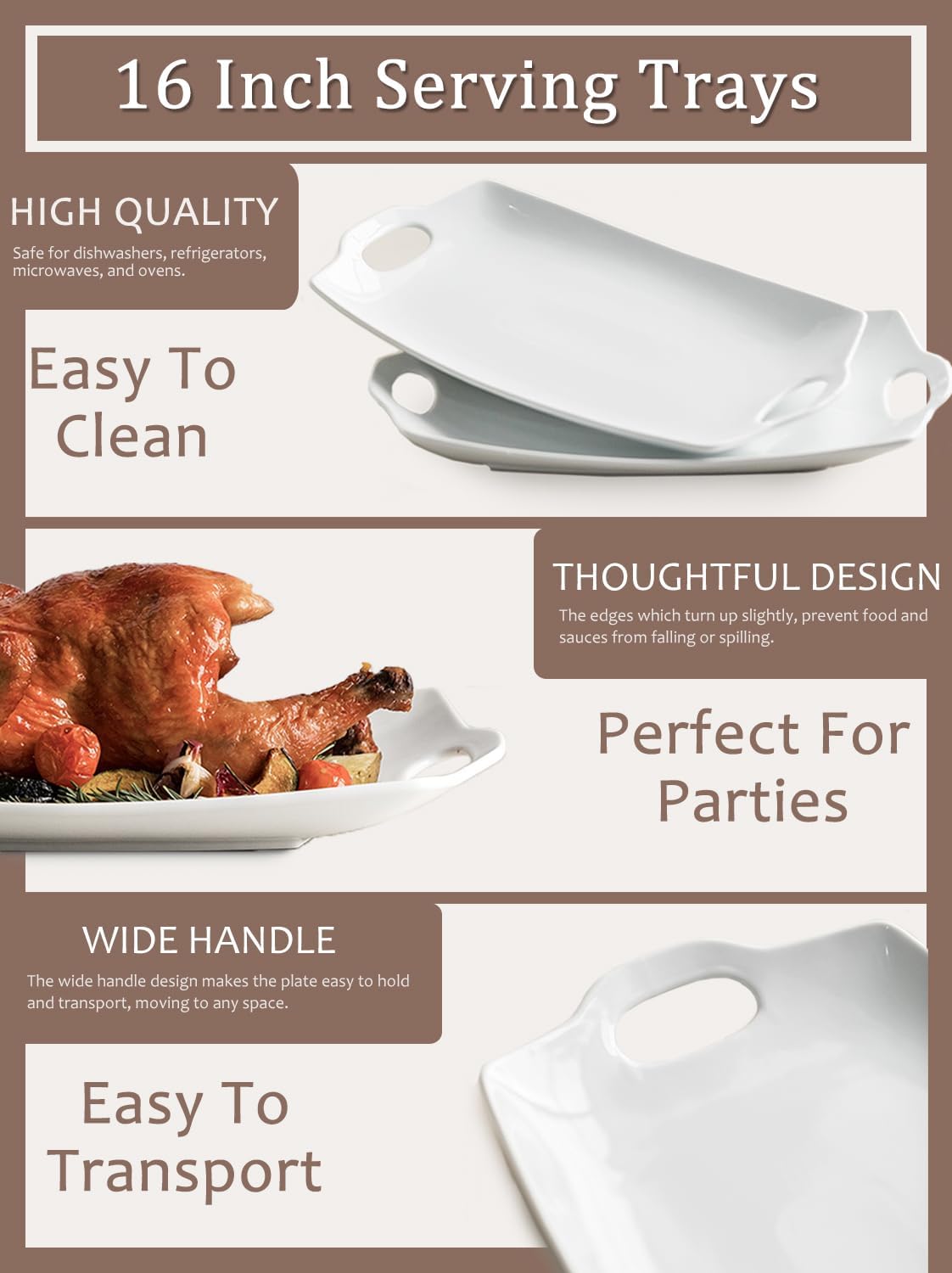 Turkey Serving Platter for Entertainment, Serving Tray with Handles Large, Party, Display, LYEOBOH 16 inch Rectangle Porcelain Platters Set of 2, White