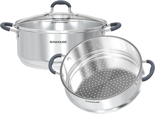 Sunhouse - 5.5 Quarts Steamer Pots With Lid 2-Tier Multipurpose Stainless Steel Steaming Pot Cookware For Vegetable, Dumpling, Sauce, Food - Triple Bottom, Measurement Line