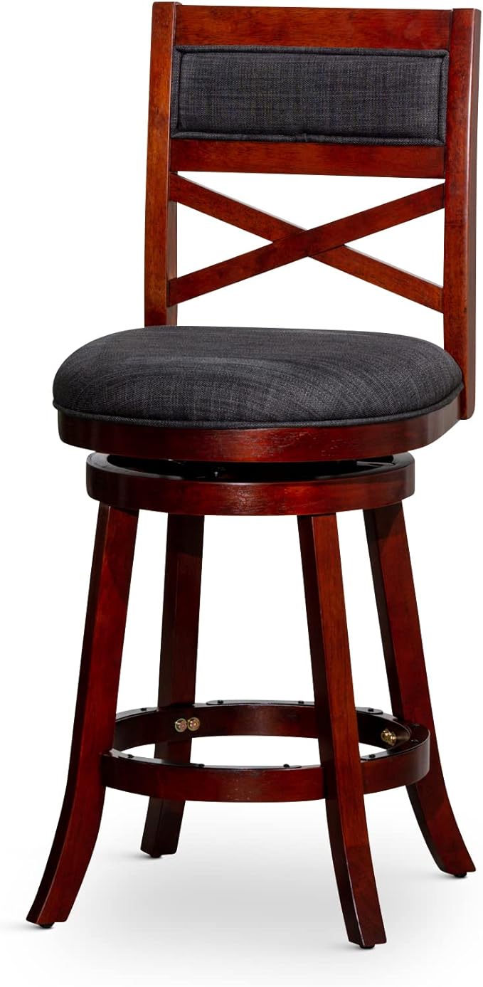 DTY Indoor Living Meeker X Back Fabric Swivel Stool, 30” Bar Height, Cherry Finish, Charcoal Fabric Seat