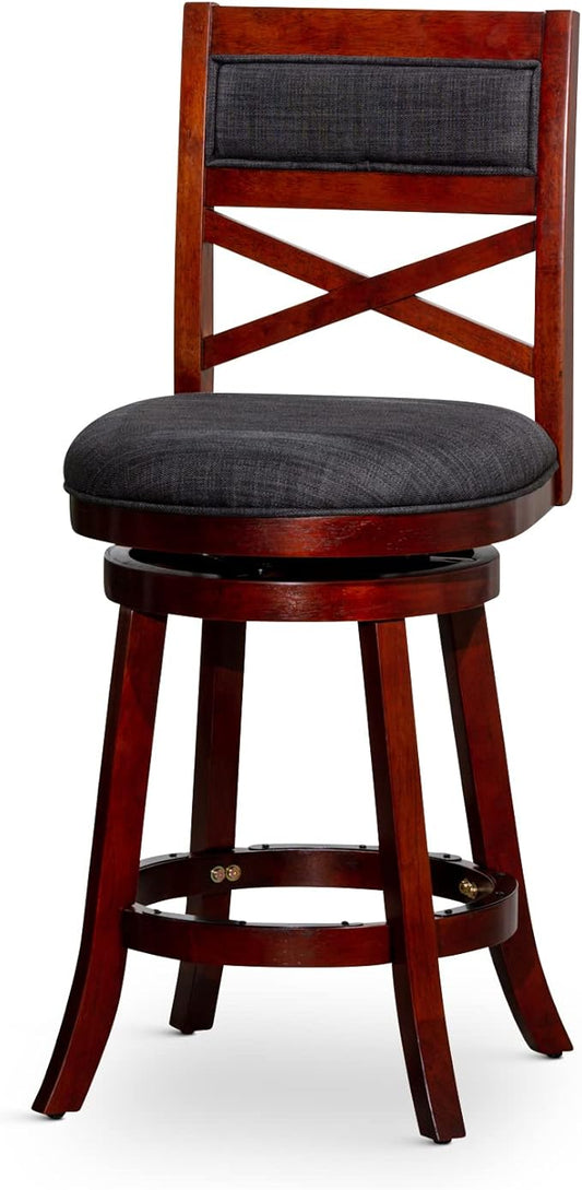DTY Indoor Living Meeker X Back Fabric Swivel Stool, 30” Bar Height, Cherry Finish, Charcoal Fabric Seat