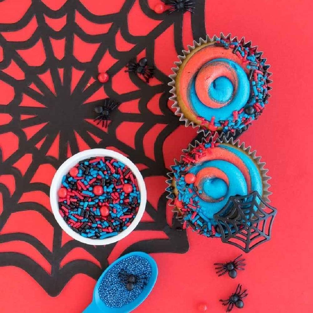 Spiderman Sprinkles for Cake, Cookie, Cupcake Decorating, and Baking - Fancy Edible Spiderman Cake Decorations Sprinkles and Toppings in Red, Blue, and Black Jimmies, Nonpareils, Sugar Pearl