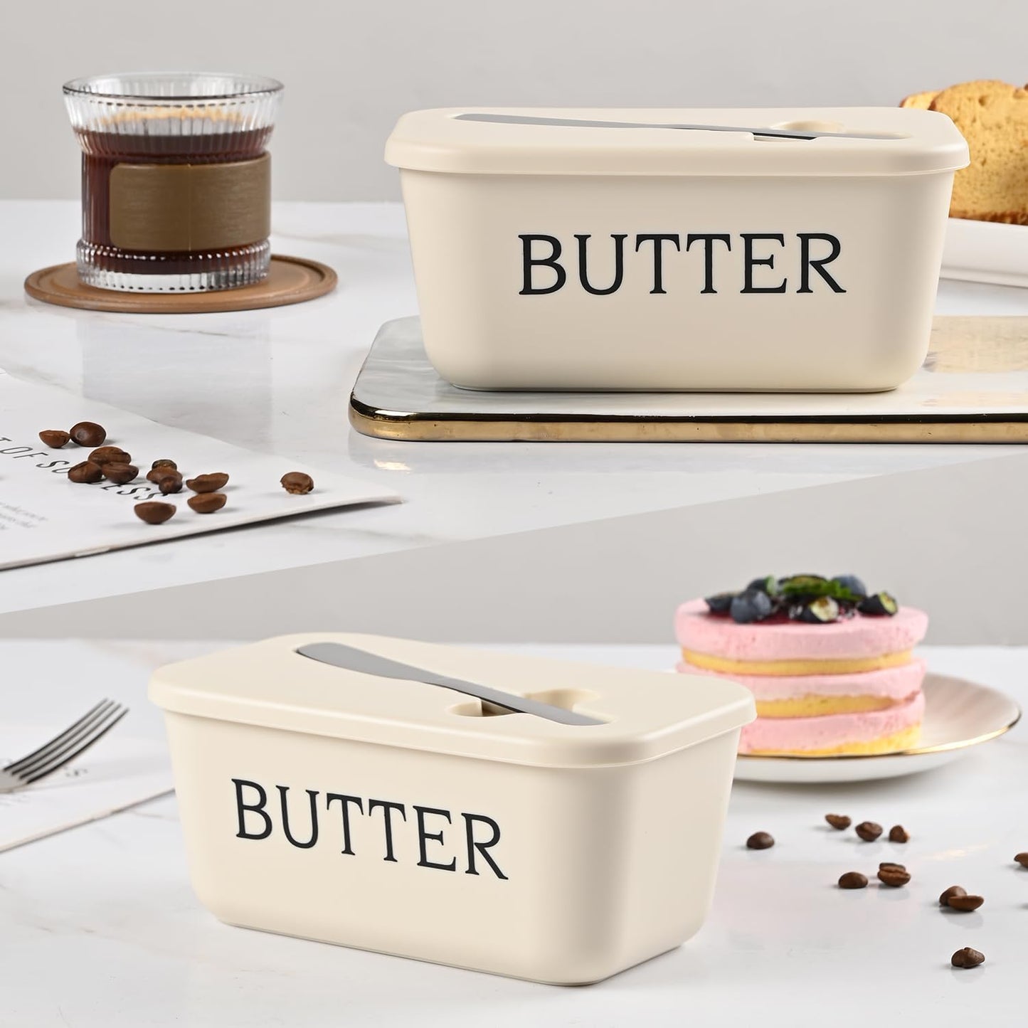 Butter Dish With Lid And Knife For Kitchen Coutertop,Food Grade PP Butter Holder With Cover And Stainless Steel Knife,Large White Butter Conainter