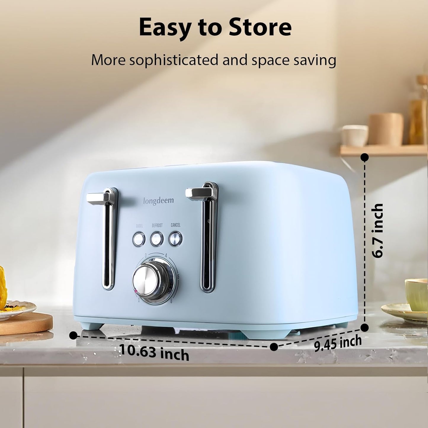 4-Slice Toaster 1.5" Extra Wide Slot Stainless Steel with High Lift Lever, 6 Presets & Bagel/Defrost/Cancel Function, Removal Crumb Tray, Under Base Cord Storage, Blue