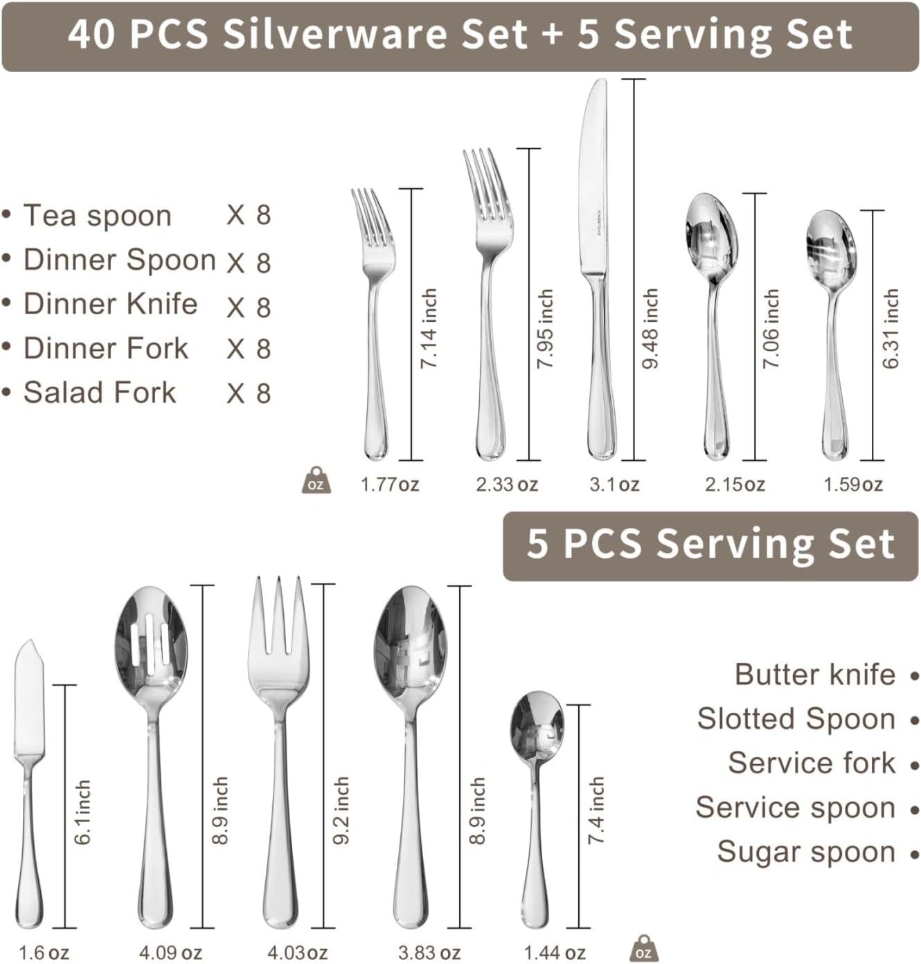KINGSTONE 45 Pieces Silverware Set for 8, Premium Stainless Steel Flatware Set with Serving Utensils, Heavy Duty and Modern Design Cutlery Set, Mirror Polished, Dishwasher Safe