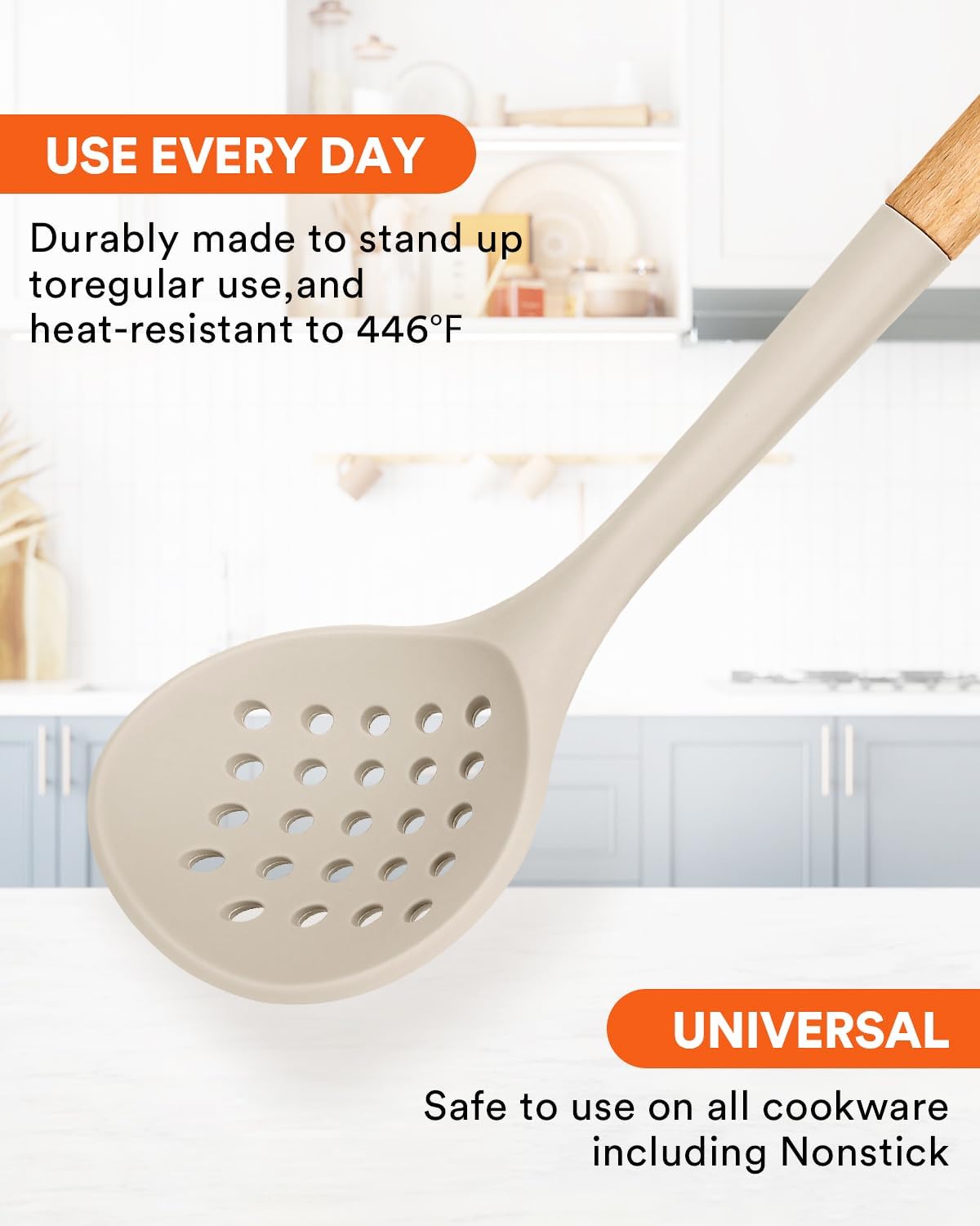 Kitchen Ladle Strainer, Large Slotted Spoon with High Heat Resistant BPA Free, Non Stick Cooking Skimmers For Draining & Frying, 13.2inch (Khaki)