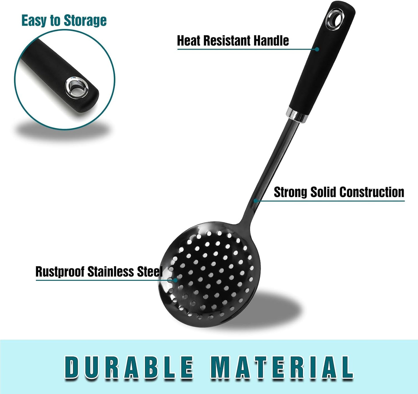 Skimmer Spoon, Slotted Spoons for Cooking, Slotted Spoon, Kitchen Stainless Steel Slotted Serving Spoon, Stainless Steel Strainer, Black