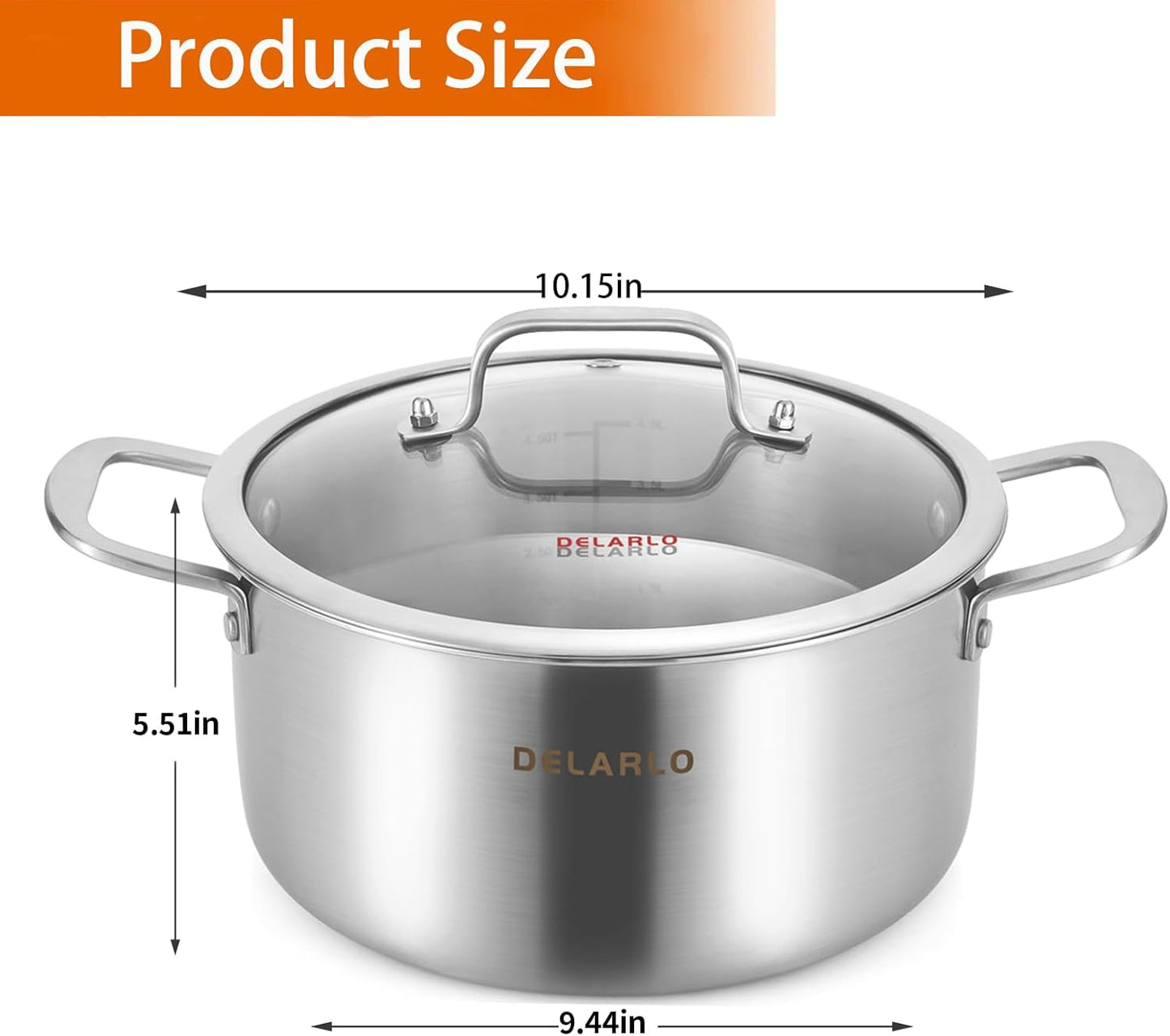 DELARLO Tri-Ply Stainless Steel 6QT Pot with Lid, Induction Ready, 6 Quart with Lid, Durable, Noodle Pot, 18/10 Heavy Duty for Cooking, Suit for All Stove, Up to 600℉(Lids 300℉)