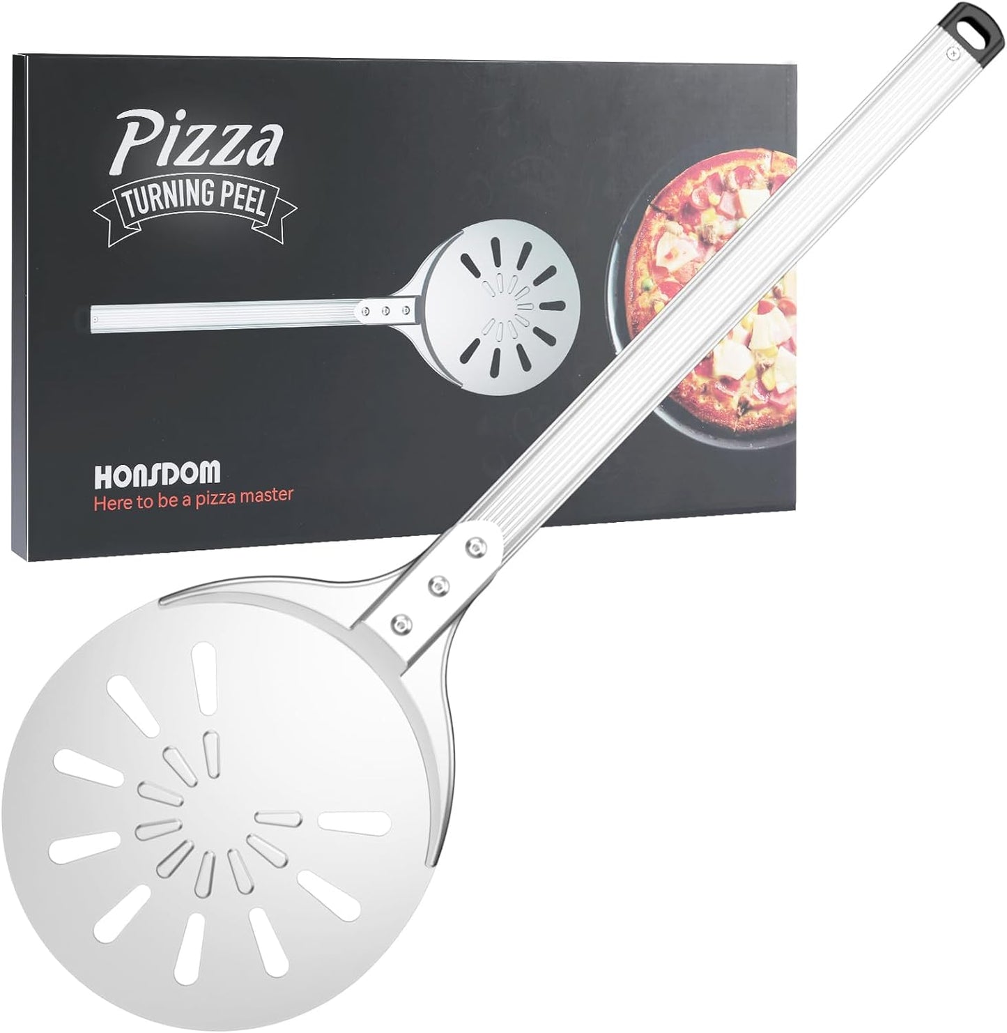 Pizza Turning Peel, 8-inch Pizza Peel Turner Spinner, Long Handle Perforated Aluminum Pizza Peel with Silicone Hook, Pizza Oven Accessories