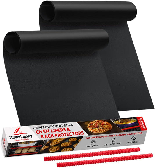 Oven Liners for Bottom of Oven (2-pack) Bundled with Rack Shield Guard (2-pack) - Large Mats for the Bottom (17"x 25") and 14" Silicone Rack Protector - Reusable & Heat Resistant Kitchen Accessories